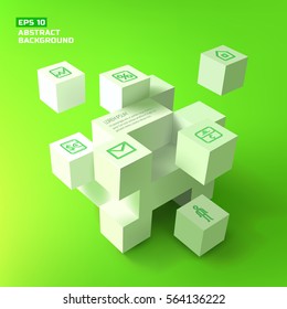 Composition from 3d white cubes with monochrome business icons and text on green background vector illustration