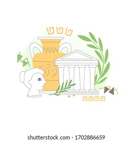 Composition about the Greek culture. Sculpture, temple, vase, olive branch, laurel wreath. Travel advertisement, picture for poster, image for article about the history or culture of Greece