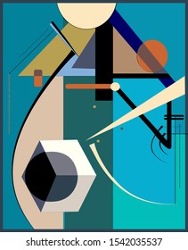 composition of abstract colorful shapes , cube and circle , blue , gray
