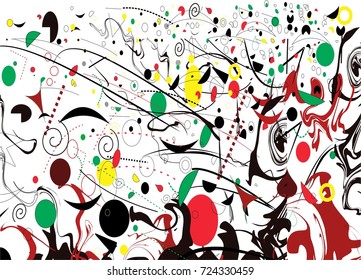 composition of abstract colorful shapes , green, red, black, on white background