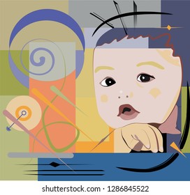 composition of abstract colorful shapes ,stylized baby ,on blue background expressionism art style