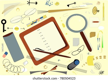 composition of abstract colorful shapes, untidy desk plan