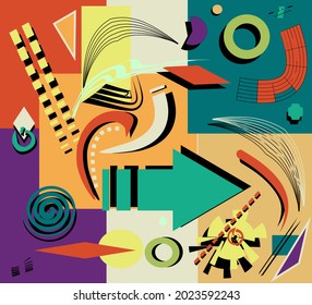 composition of abstract colorful shapes ,  yellow , red , green