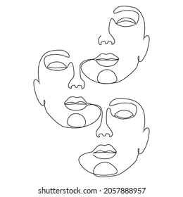 Composition of abstract female faces one line art on white isolated background. Vector illustration