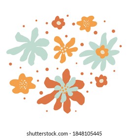 Composition from abstract flowers big and small on white background. Scandinavian botanical sketch hand drawn in style doodle vector illustration