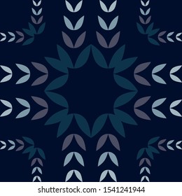 Composition of abstract folk leaves that form central square shape, in navy and purple colours. Seamless vector pattern.