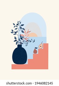 Composición de fruto abstracto, peras, formas y elementos botánicos, textura, estilo minimalista, dibujado a mano. Cartel, decoración interior de habitación, diseño para textiles, postal, concepto, clipart, vector 