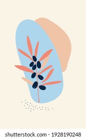Composición de fruto abstracto, formas y elementos botánicos, estilo minimalista, dibujado a mano. Cartel, decoración interior de habitación, diseño para textiles, postal, concepto, clipart, vector 