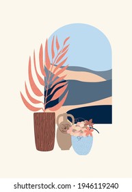 Composition of abstract fruit, vases, shapes and botanical elements, texture,  style of minimalism, hand drawn. Poster, room interior decor, design for textiles, postcard, concept, clipart, vector 
