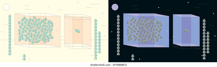 Composition of abstract geometric shapes. Perspective architecture sketches with green leaves sun, moon, birds. Day and night concept of architectonical visualization and ecological growth analysis.