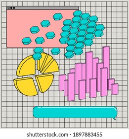 Composition of abstract graphs, plots and charts. Concept of data visualization and analysis.