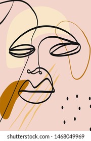 Composition with abstract linear face and  texture abstract brush strokes, freehand bright colors geometric elements, shapes. One line continuous drawing. Funny trendy design. 