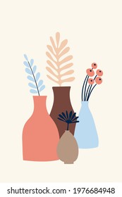 Composition of abstract plants and vases, style of minimalism , hand drawn. Use for packaging, wallpaper, poster, room interior decor, design for textiles, postcard, concept, clipart, vector 