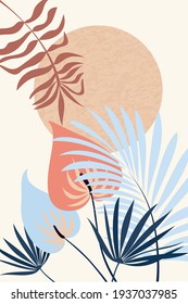 Composition of abstract shapes and botanical elements,  style of minimalism, hand drawn. Poster, room interior decor, design for textiles, postcard, concept, clipart, vector 