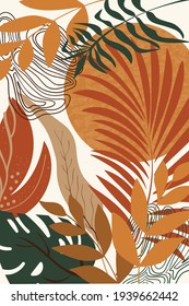 Composition of abstract shapes and botanical elements, lizard,  style of minimalism, hand drawn. Poster, room interior decor, design for textiles, postcard, concept, clipart, vector 