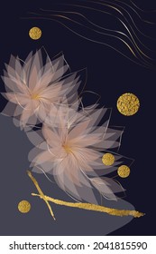 Composition of abstract shapes, flowers, botanical elements, gold texture, style of minimalism, hand drawn. Poster, room interior decor, luxury design for textiles, postcard, concept, clipart, vector 