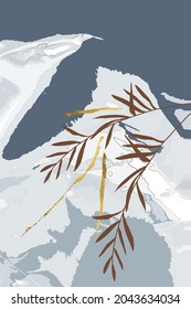 Composition of abstract shapes and leaves, gold lines, winter, grey background, style of minimalism, hand drawn. Poster, room interior decor, design for textiles, postcard, concept, clipart, vector 