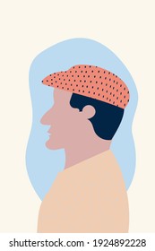 Composición de formas abstractas y perfil facial masculino, estilo minimalista , dibujado a mano. Embalaje, papel pintado, afiche, decoración interior de habitación, diseño para textiles, postal, concepto, clipart, vector