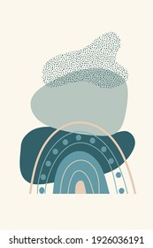 Composition of abstract shapes and rainbow elements, minimalist, hand drawn. Use for packaging, wallpaper, poster, room interior decor, design for textiles, postcard, concept, clipart, vector 
