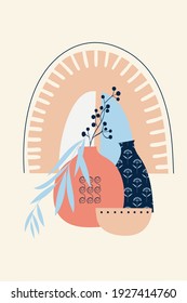 Composición de formas abstractas, jarrones y elementos botánicos, estilo minimalista, dibujado a mano. Cartel, decoración interior de habitación, diseño para textiles, postal, concepto, clipart, vector 