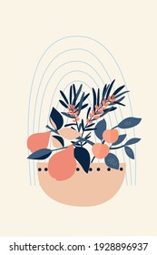 Composition of abstract shapes, vases and botanical elements, style of minimalism , hand drawn. Use for ackaging, wallpaper, poster, room interior decor, design for textiles, postcard, concept, vector