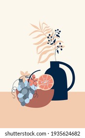 Composition of abstract shapes, vases and botanical elements, style minimalist, hand drawn. Packaging, wallpaper, poster, room interior decor, design for textiles, postcard, concept, clipart, vector