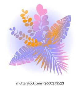 Composition of abstract tropical leaves. Colorful grainy gradient. Vector isolated elements on a white background.
