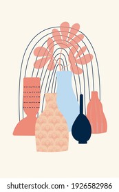 Composition of abstract vases and botanical elements, style of minimalism , hand drawn. Packaging, wallpaper, poster, room interior decor, design for textiles, postcard, concept, clipart, vector 