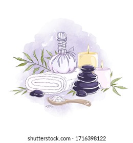 Composición de accesorios para masajes aromáticos y tratamientos de spa. Dibujo hecho a mano con fondo de acuarela textural.