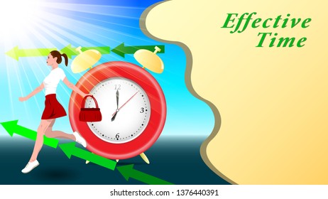 Composition Alarm clock and a young woman, girl in a short skirt, with a handbag in her hand, running down the street, outdoor, in the sunlight. Effective Time. Horizontal banner vector, illustration.