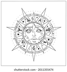 composition of alchemical symbols and the moon with a woman's face