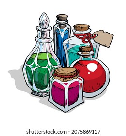 Composición de botellas de alquimia aisladas sobre fondo blanco