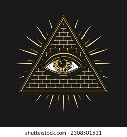 Composición con todos los ojos visibles, ojo de providencia. Símbolo de Illuminati en pirámide, triángulo con rayos de luz. Diseño dorado de estilo retro vintage.