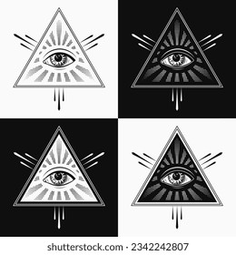 Composition with all seeing eye, third eye, eye of providence. Illuminati symbol in pyramid, triangle with light rays, halftone beams. Black and white illustration in retro, vintage style