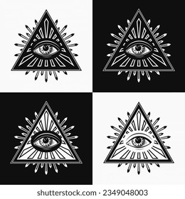 Composition with all seeing eye, third eye, eye of providence. Illuminati symbol in pyramid, triangle with light rays. Black and white illustration in vintage, retro style