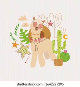 Composition with alpaca and cacti. flowers and plants. Vector graphics