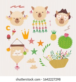 Composition with alpaca and cacti. flowers and plants. Vector graphics