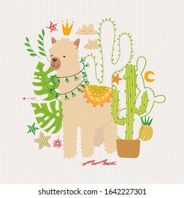 Composition with alpaca and cacti. flowers and plants. Vector graphics