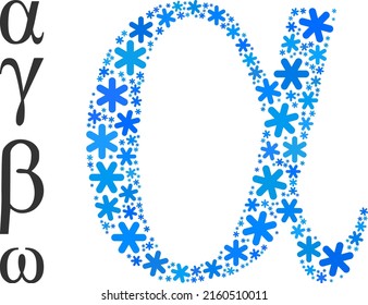 Composición Icono de letra minúscula griega alfa hecho para invierno, Año Nuevo, Navidad. El mosaico del icono de la letra minúscula griega alfa se hace con elementos de nieve azul claro. Se añaden algunos iconos adicionales.