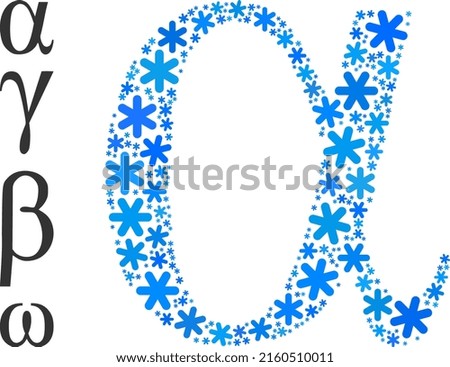 Composition Alpha Greek lowercase letter icon is done for winter, New Year, Christmas. Alpha Greek lowercase letter icon mosaic is done from light blue snow items. Some bonus icons are added.