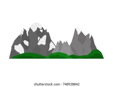 Composition of Alpine mountains, glaciers and green hills in flat style isolated on white background.