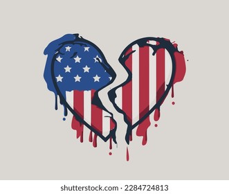 Composition of the American flag in a broken heart.