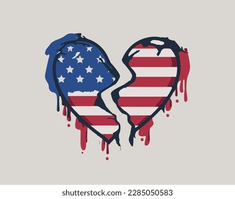 Composition of the American flag in a broken heart.