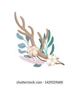 Composition of the antler and cotton. Vector illustration on white background.