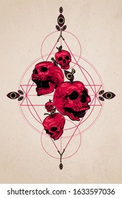 Composition of apple skulls, a human skull, bearing death, with elements of geometric shapes and lines. Hand drawing. Sketch for color tattoo. Occultism and witchcraft. Vector isolated illustration.