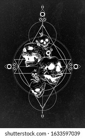 Composition of apple skulls, a human skull, bearing death, with elements of geometric shapes and lines. Hand drawing. Occultism and witchcraft. Vector isolated illustration.