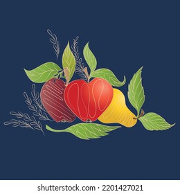 Composition of apples and pear with green leaves. Line and flat vector design on blue background.