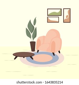 Composition from an armchair with a coffee table, carpet, flower in a pot and paintings on the wall. Flat cartoon style. Vector.