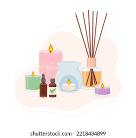 Composition of aroma lamp, diffuser, candles and essential oils. Aromatherapy accessories, vector illustration in flat style