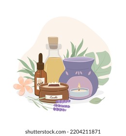 Composición con lámpara de aroma, vela perfumada, aceite esencial, accesorios de aromaterapia y hierbas sobre fondo blanco. Ilustración vectorial plana de belleza, relajación 